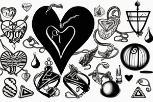 disballanced scales. On the lower pan man's symbol, basket ball and letters D N A. On the upper pan Yin symbol, broken heart and hourglass tattoo idea