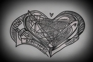 Main motive is beam disballanced scales. On the lower pan man's symbol, basket ball and letters D N A. On the upper pan Yin symbol, broken heart and hourglass tattoo idea