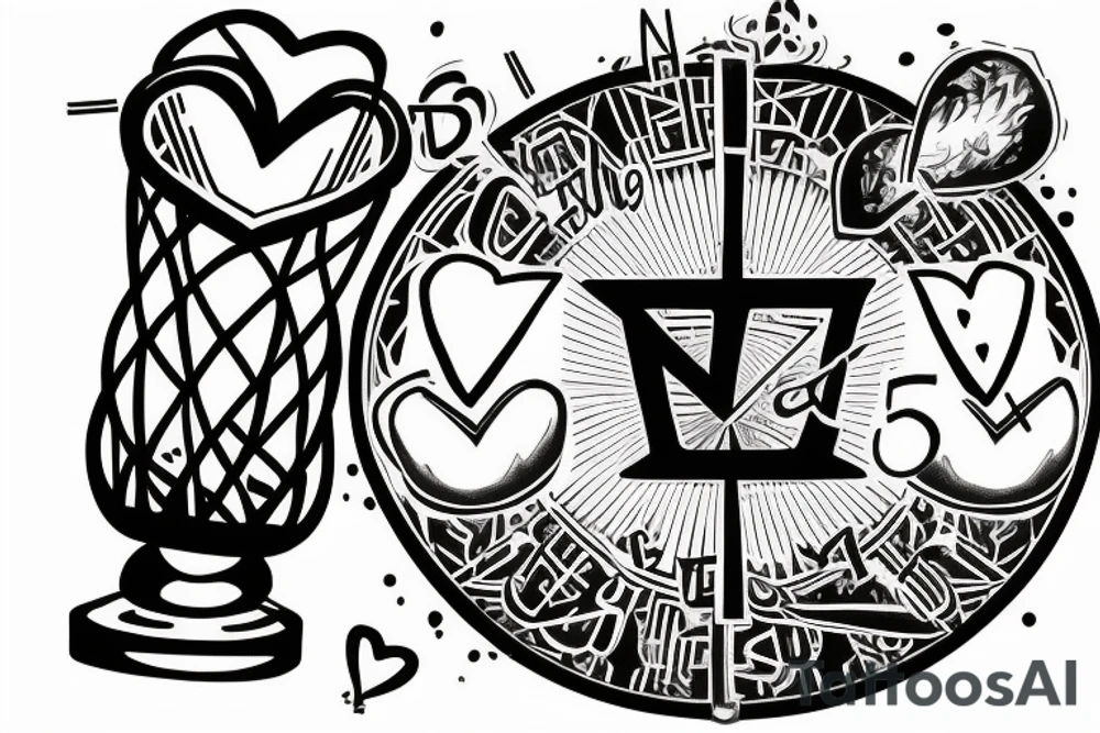 Main motive is beam disballanced scales. On the lower pan man's symbol, basket ball and letters D N A. On the upper pan Yin symbol, broken heart and hourglass tattoo idea