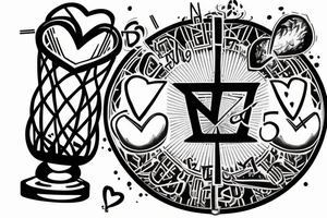 Main motive is beam disballanced scales. On the lower pan man's symbol, basket ball and letters D N A. On the upper pan Yin symbol, broken heart and hourglass tattoo idea