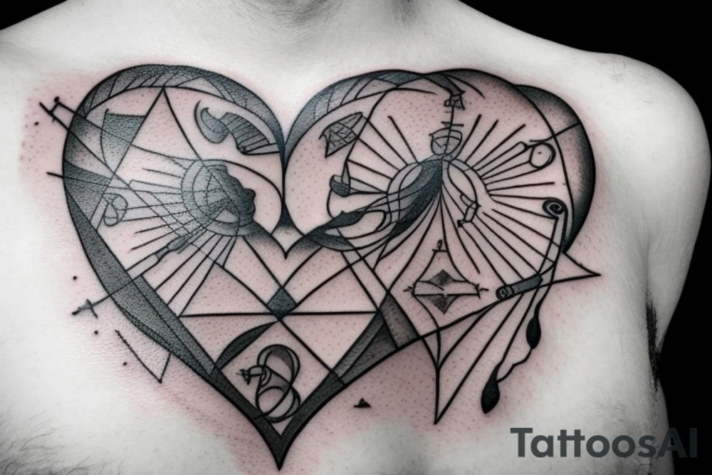 Main motive is beam scales unballanced. On the lower pan man's symbol, basket ball and letters D N A. On the upper pan Yin symbol, broken heart and hourglass tattoo idea