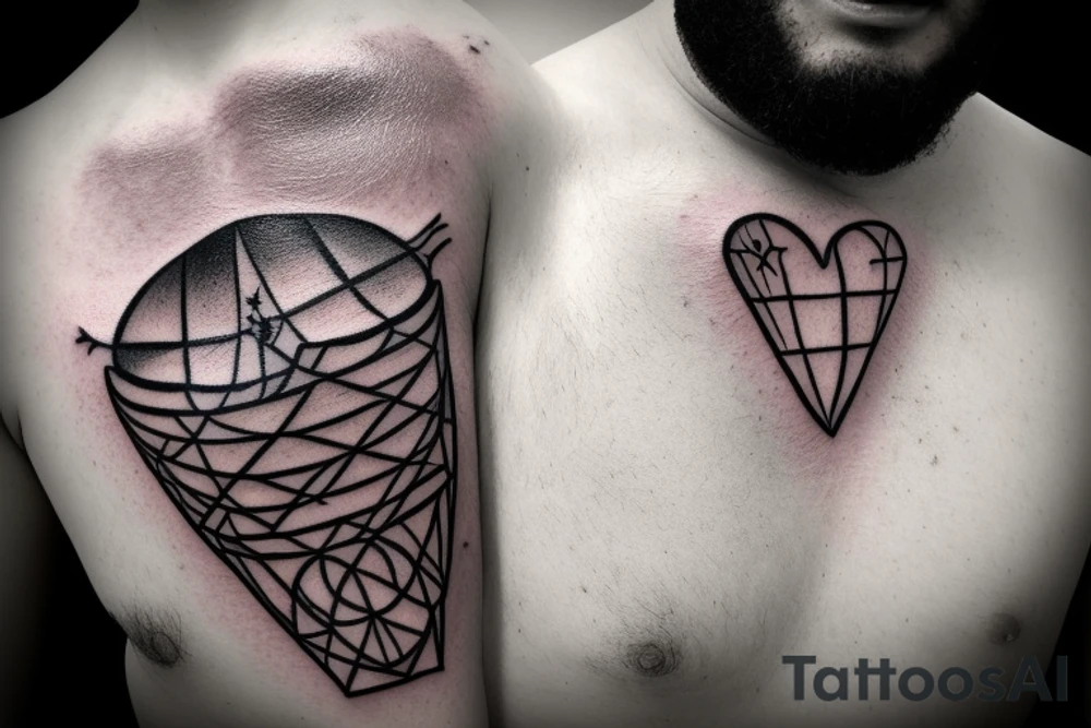 Main motive is beam scales unballanced. On the lower pan man's symbol, basket ball and letters D N A. On the upper pan Yin symbol, broken heart and hourglass tattoo idea