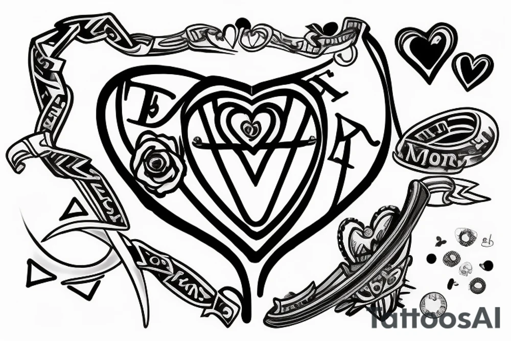 Main motive is beam scales unballanced. On the lower pan man's symbol, basket ball and letters D N A. On the upper pan Yin symbol, broken heart and hourglass tattoo idea