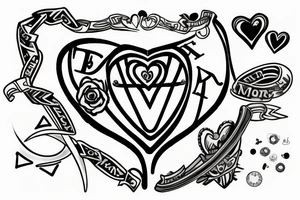 Main motive is beam scales unballanced. On the lower pan man's symbol, basket ball and letters D N A. On the upper pan Yin symbol, broken heart and hourglass tattoo idea