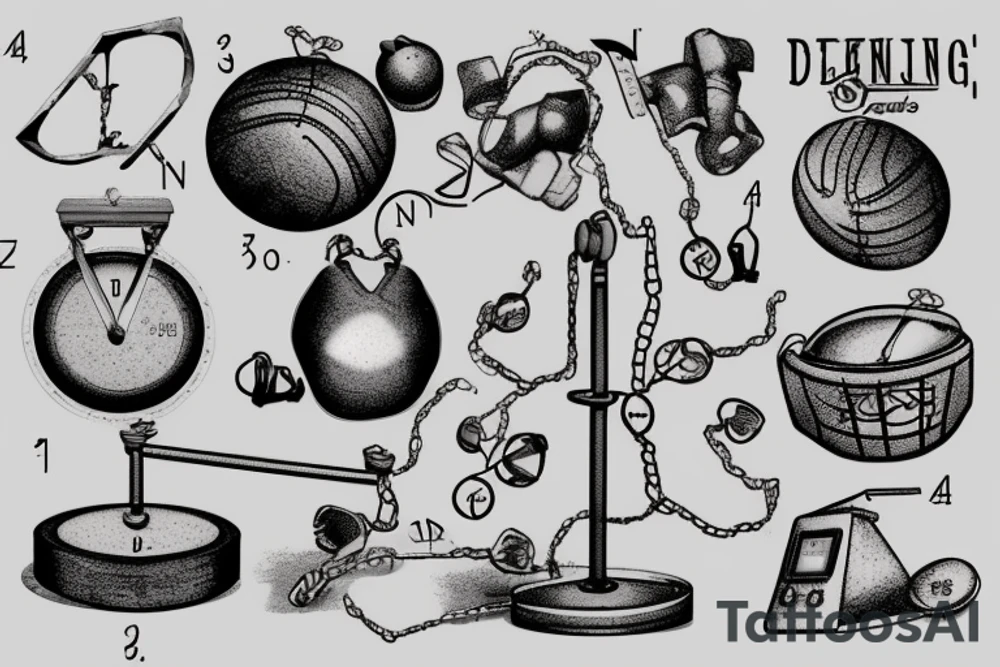 Weighing scales unballanced.
On left weighing pan basket ball and letter D, N, A. tattoo idea