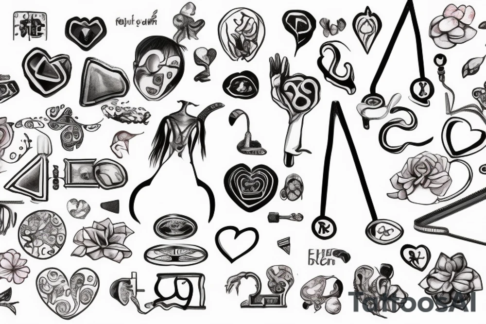 Weighing scales unballanced.
On left weighing pan basket ball and letter D, N, A.
On right weighing pan Yin symbol and broken heart tattoo idea