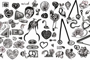 Weighing scales unballanced.
On left weighing pan basket ball and letter D, N, A.
On right weighing pan Yin symbol and broken heart tattoo idea