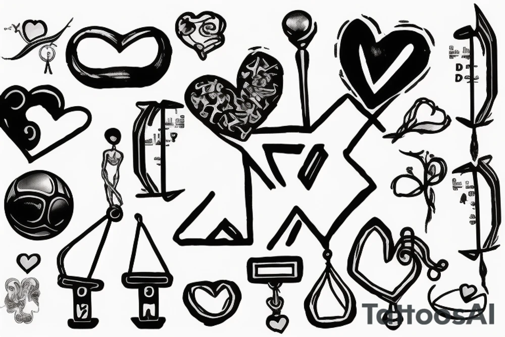 Weighing scales unballanced.
On left weighing pan basket ball and letter D, N, A.
On right weighing pan Yin symbol and broken heart tattoo idea