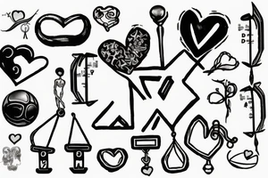 Weighing scales unballanced.
On left weighing pan basket ball and letter D, N, A.
On right weighing pan Yin symbol and broken heart tattoo idea