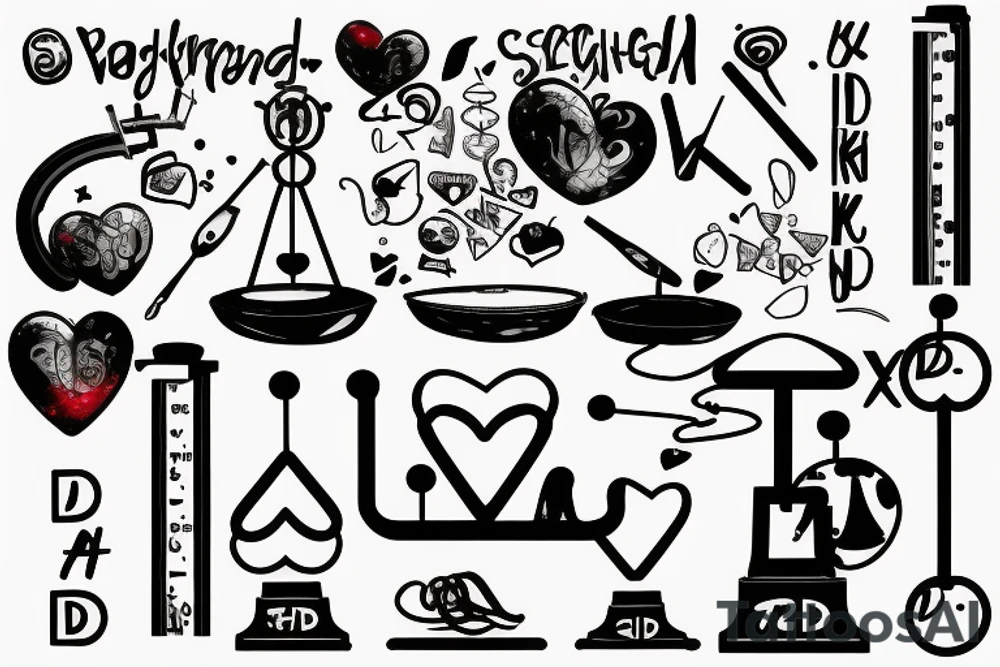 Weighing scales unballanced.
On left weighing pan basket ball and letter D, N, A.
On right weighing pan Yin symbol and broken heart tattoo idea