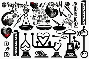 Weighing scales unballanced.
On left weighing pan basket ball and letter D, N, A.
On right weighing pan Yin symbol and broken heart tattoo idea