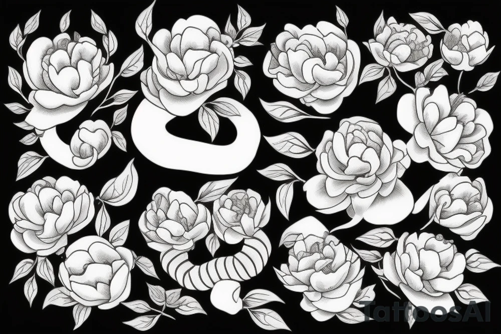 snake in peonies tattoo idea