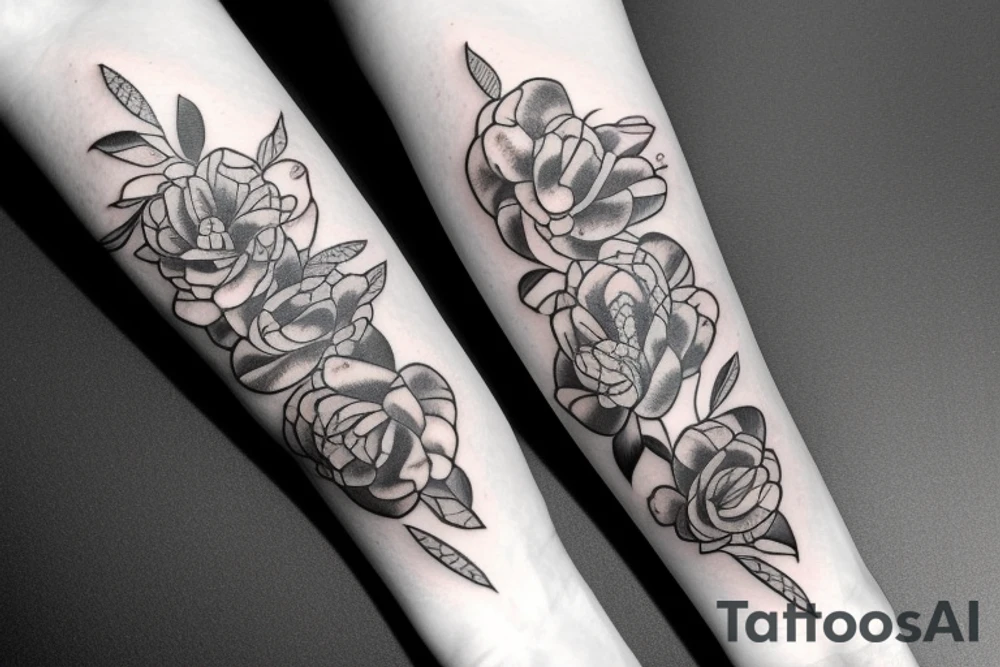 Snake between peonies tattoo idea