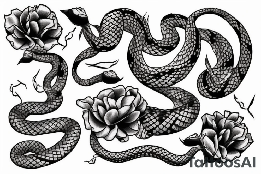 Snake between peonies tattoo idea