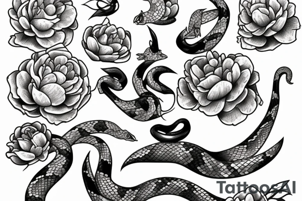 Snake between peonies tattoo idea