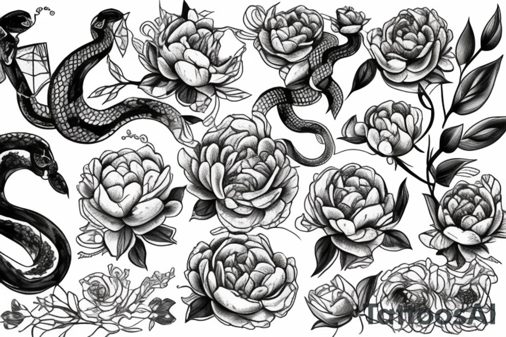 Snake between peonies tattoo idea