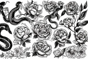Snake between peonies tattoo idea