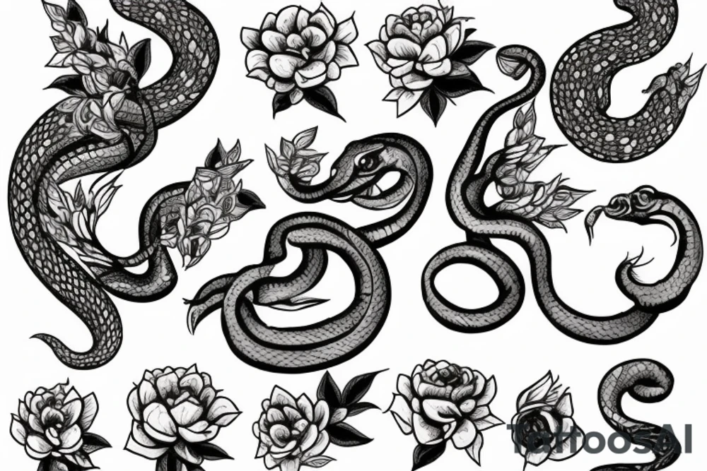 Snake between peonies tattoo idea