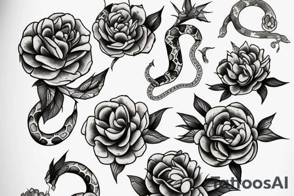 Snake between peonies tattoo idea