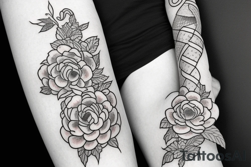 Snake between peonies tattoo idea