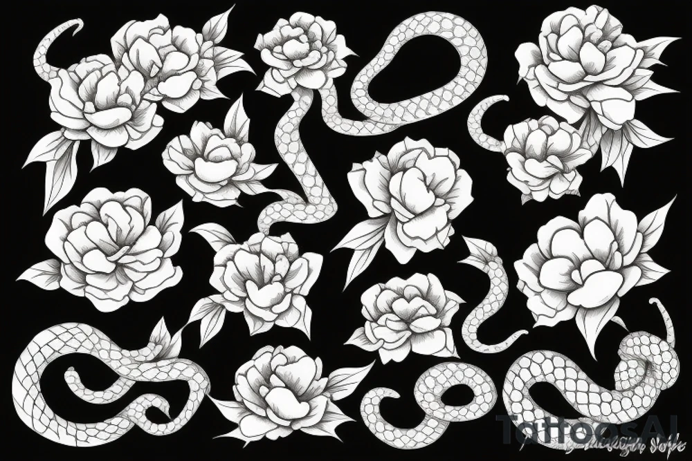 Snake between peonies tattoo idea