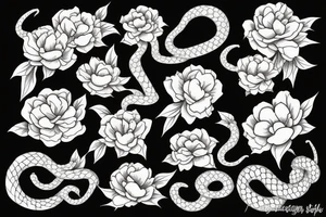 Snake between peonies tattoo idea
