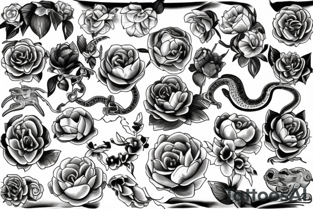 Snake between peonies tattoo idea