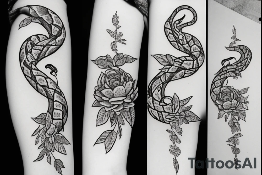 Snake between peonies tattoo idea