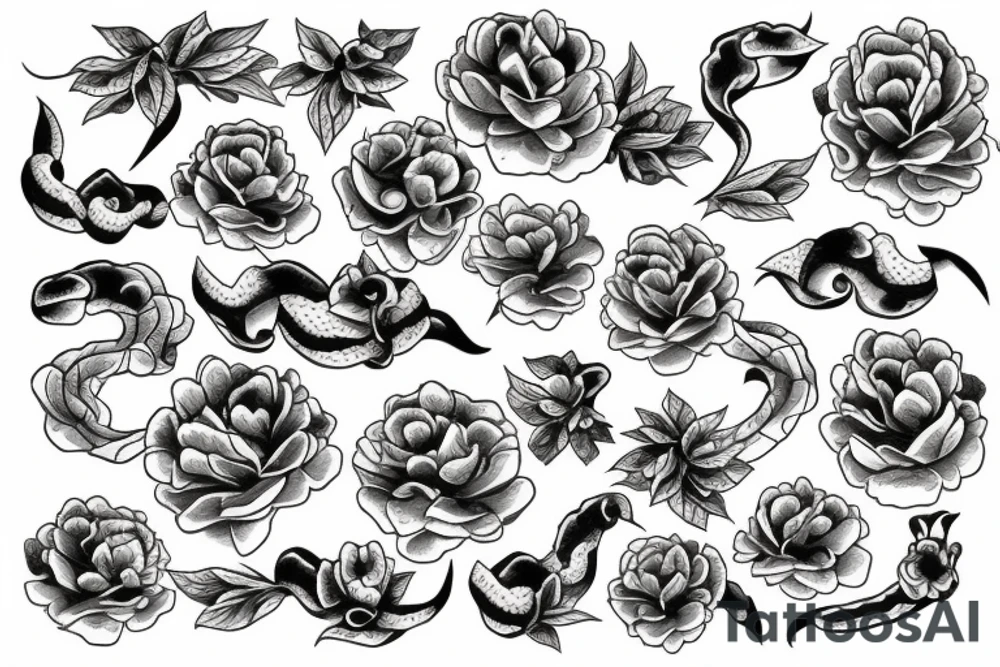 Snake between peonies tattoo idea