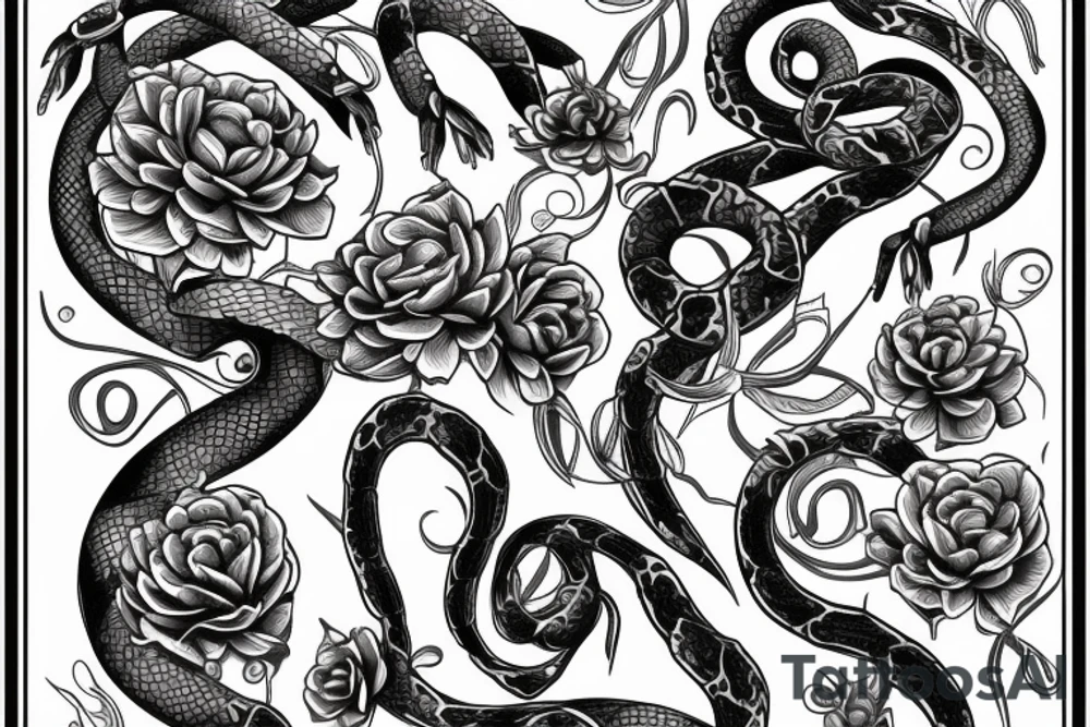 Snake between peonies tattoo idea