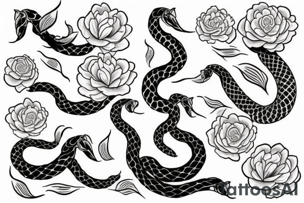 Snake between peonies tattoo idea
