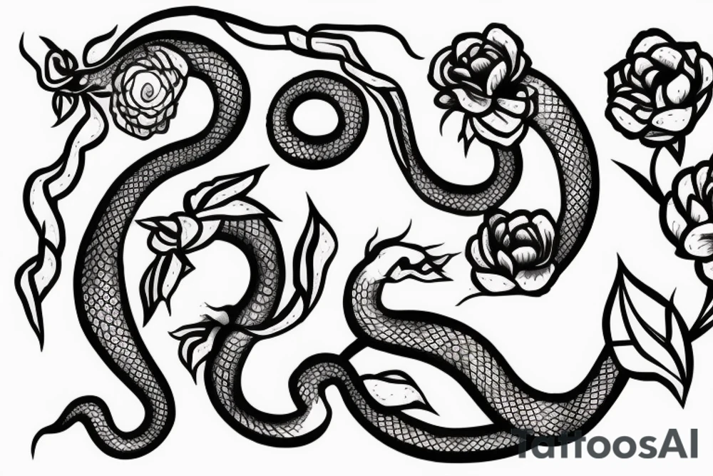 Snake between peonies tattoo idea