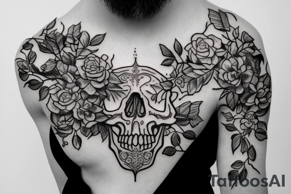 A skull with vines and leaves with flowers tattoo idea