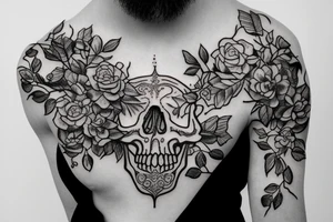 A skull with vines and leaves with flowers tattoo idea
