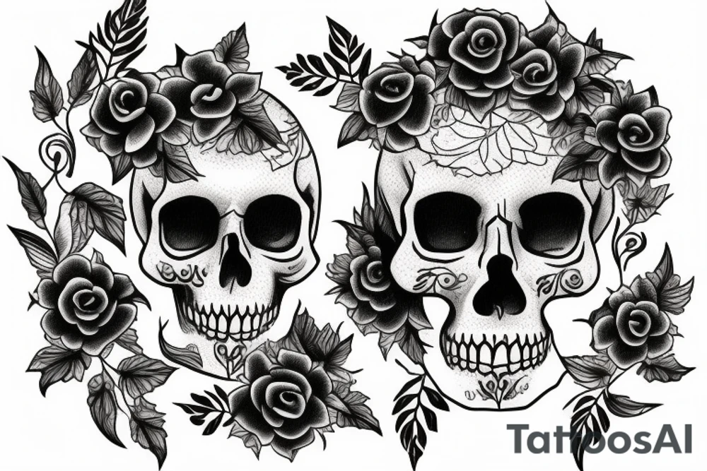 A skull with vines and leaves with flowers tattoo idea