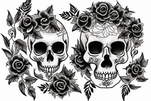 A skull with vines and leaves with flowers tattoo idea