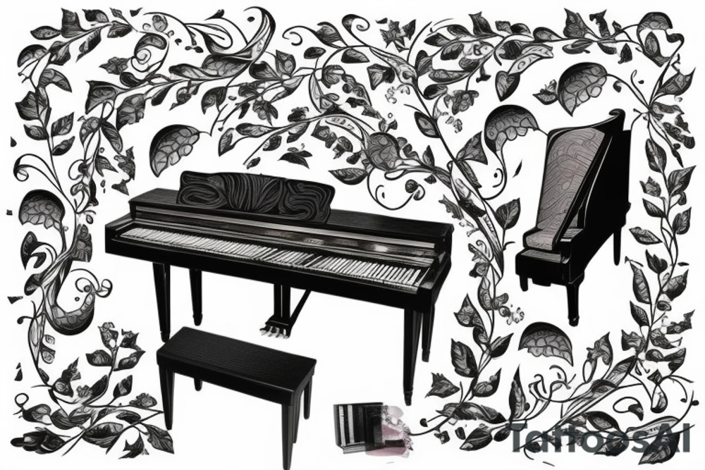 Piano covered in vines tattoo idea