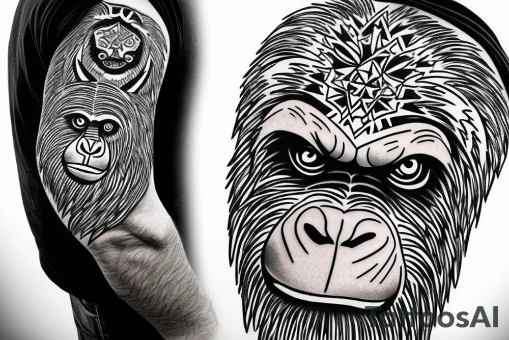 Full angry gorilla face with half in a geometric style tattoo idea