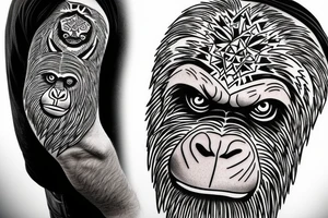 Full angry gorilla face with half in a geometric style tattoo idea