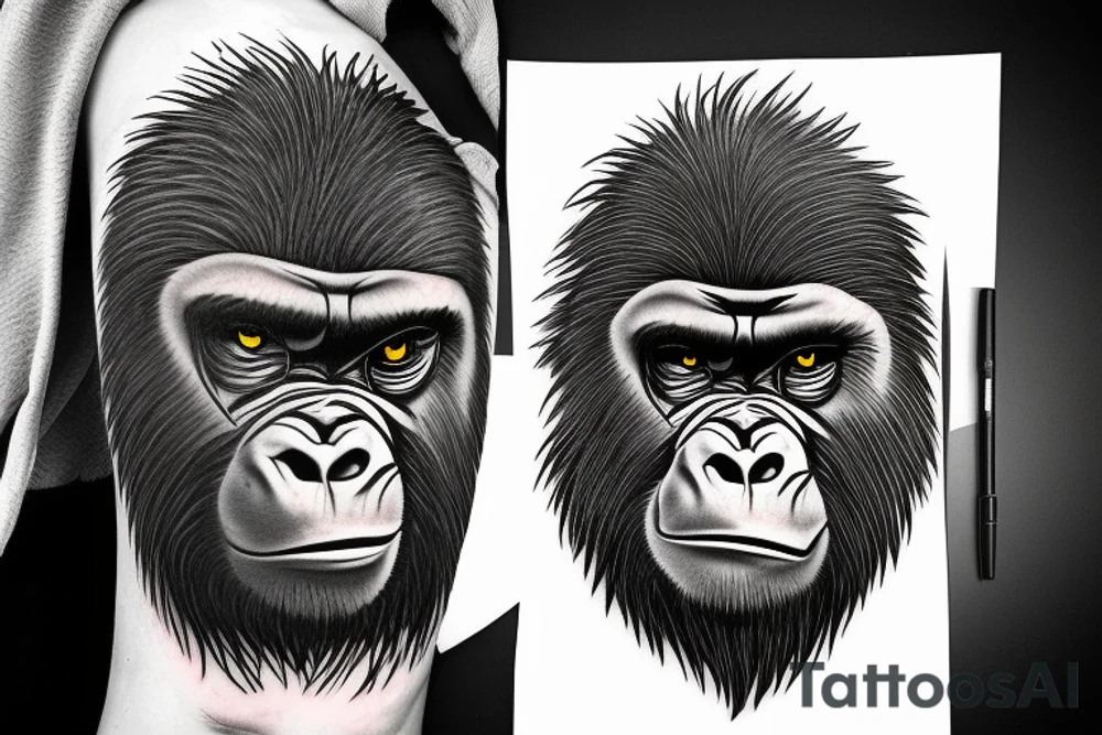 Full angry gorilla face with half the face in a geometric style blended together tattoo idea