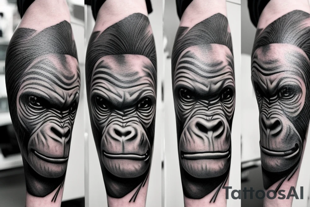 Full angry gorilla face with half the face in a glass style blended together tattoo idea