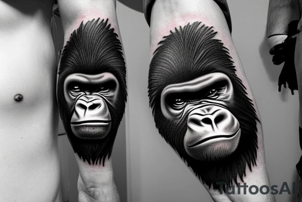 Full angry gorilla face with half the face in a glass style blended together tattoo idea