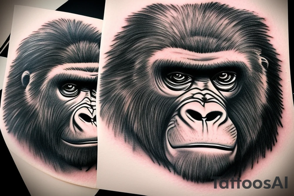 Full angry gorilla face with half the face in a glass style blended together tattoo idea