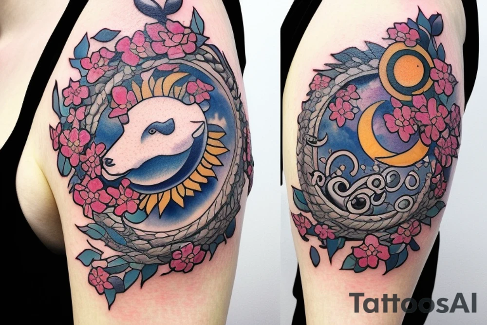 Taurus sun and moon zodiac with flowers and clouds nature tattoo idea