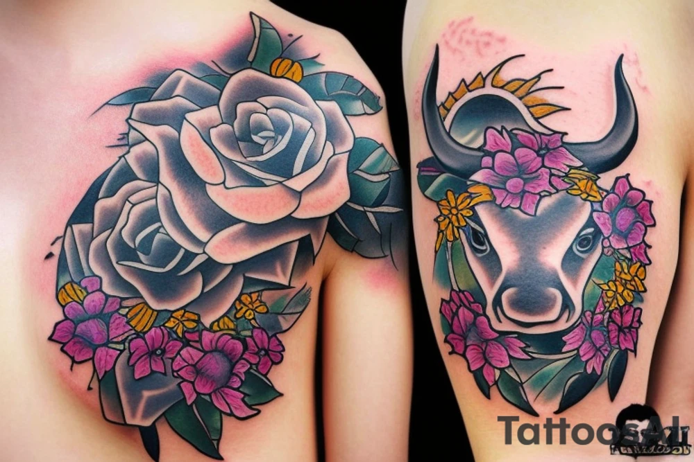Taurus with flowers and clouds tattoo idea