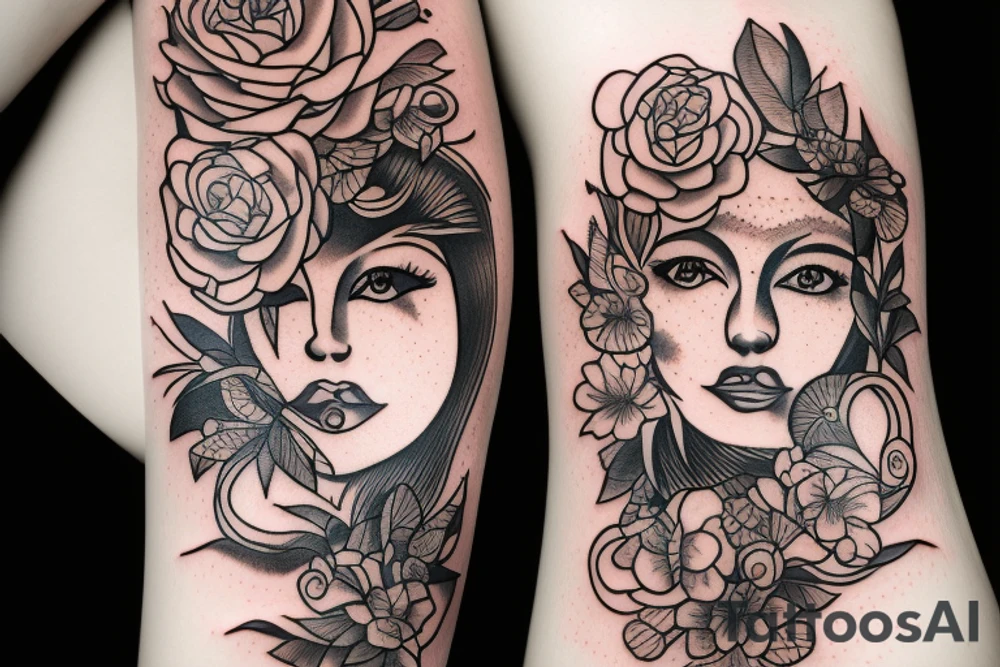 Sun and moon Taurus flowers woman tattoo idea