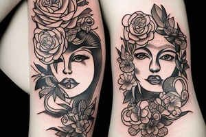 Sun and moon Taurus flowers woman tattoo idea