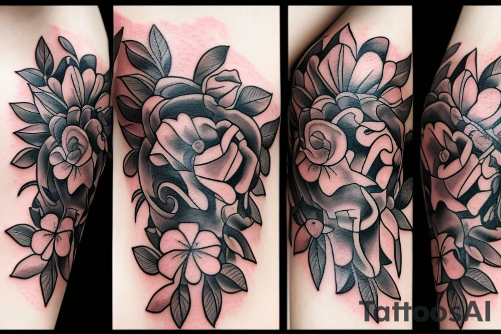 Zodiac Taurus symbol with flowers tattoo idea