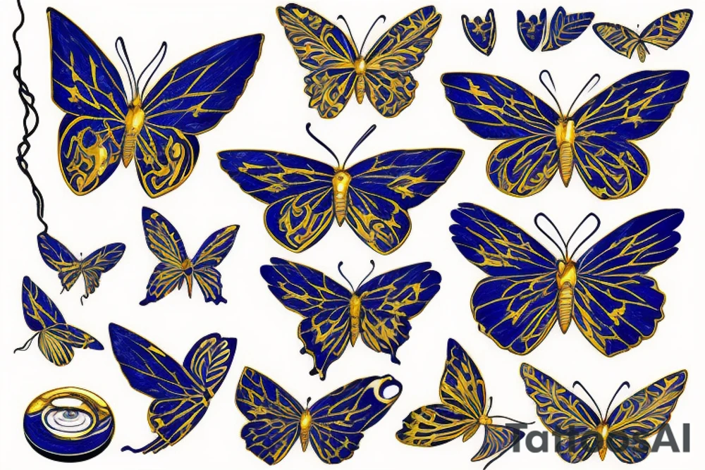 Blue white kintsugi pottery butterfly gold leafing tattoo idea