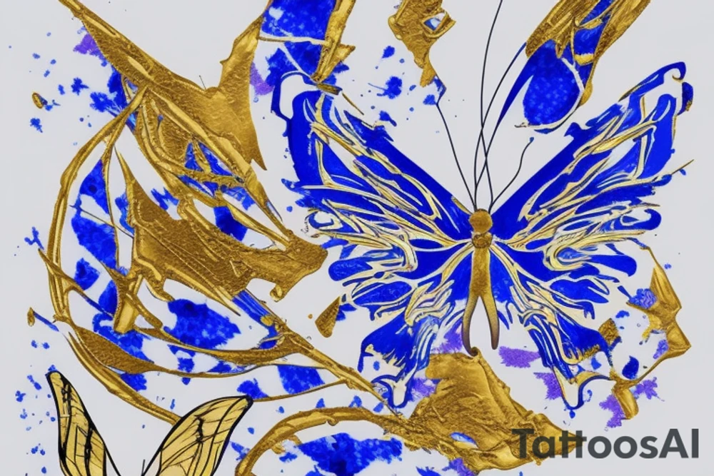 Blue white kintsugi pottery butterfly gold leafing tattoo idea